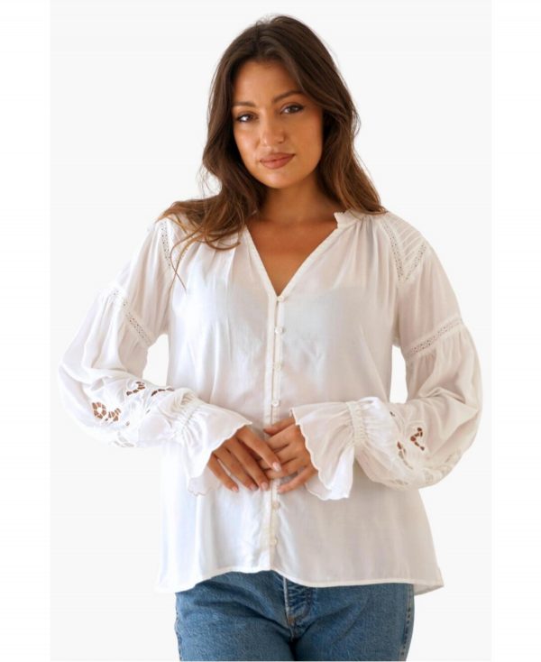 Paneros Clothing Women's Long Sleeve Embroidered Stevie Blouse - Off white