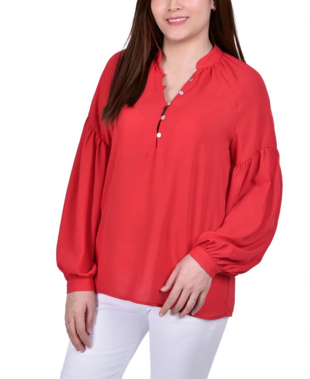 Petite Long Sleeve Mandarin Collar Blouse Top - Barbados Cherry