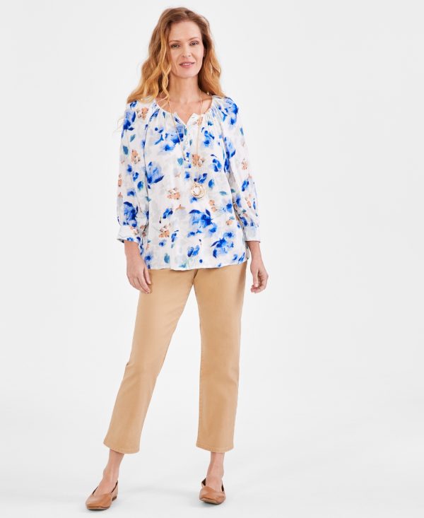 Style & Co Women's Metallic Printed Split Neck Blouse, Created for Macy's - Blue Floral