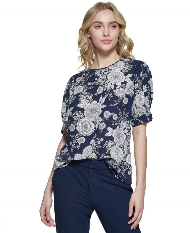 Tommy Hilfiger Women's Floral Cuffed Puff-Sleeve Blouse - Midnight