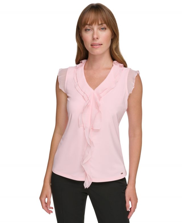 Tommy Hilfiger Women's Ruffle Trim V-Neck Blouse - Ballerina Pink