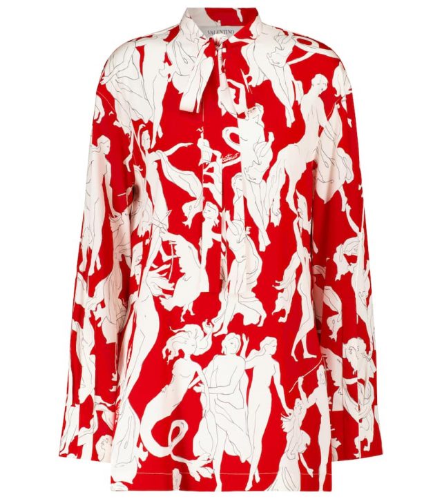 Valentino Printed stretch-silk tie-neck blouse