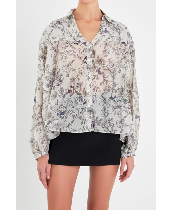 Women's Abstract Floral Print Long Sleeve Blouse - Ivory multi