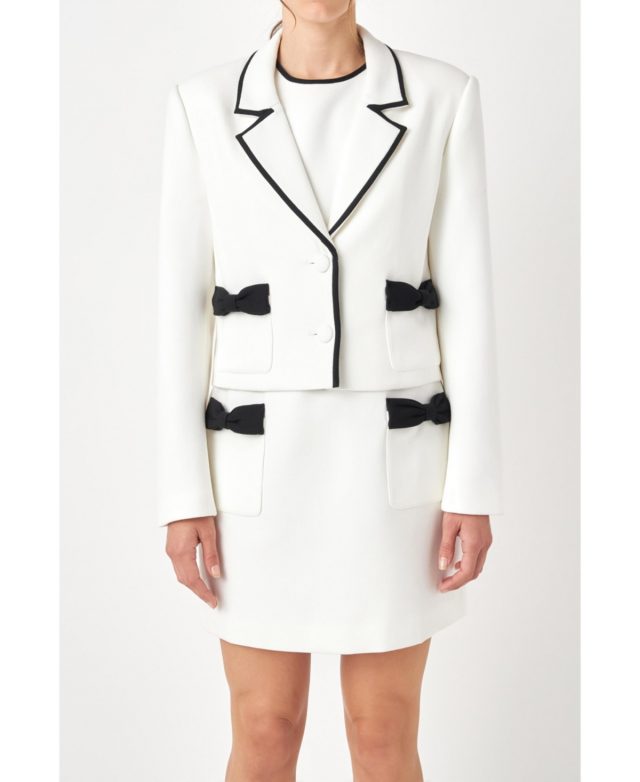Women's Bow Contrast Tweed Blazer - Ivory/black