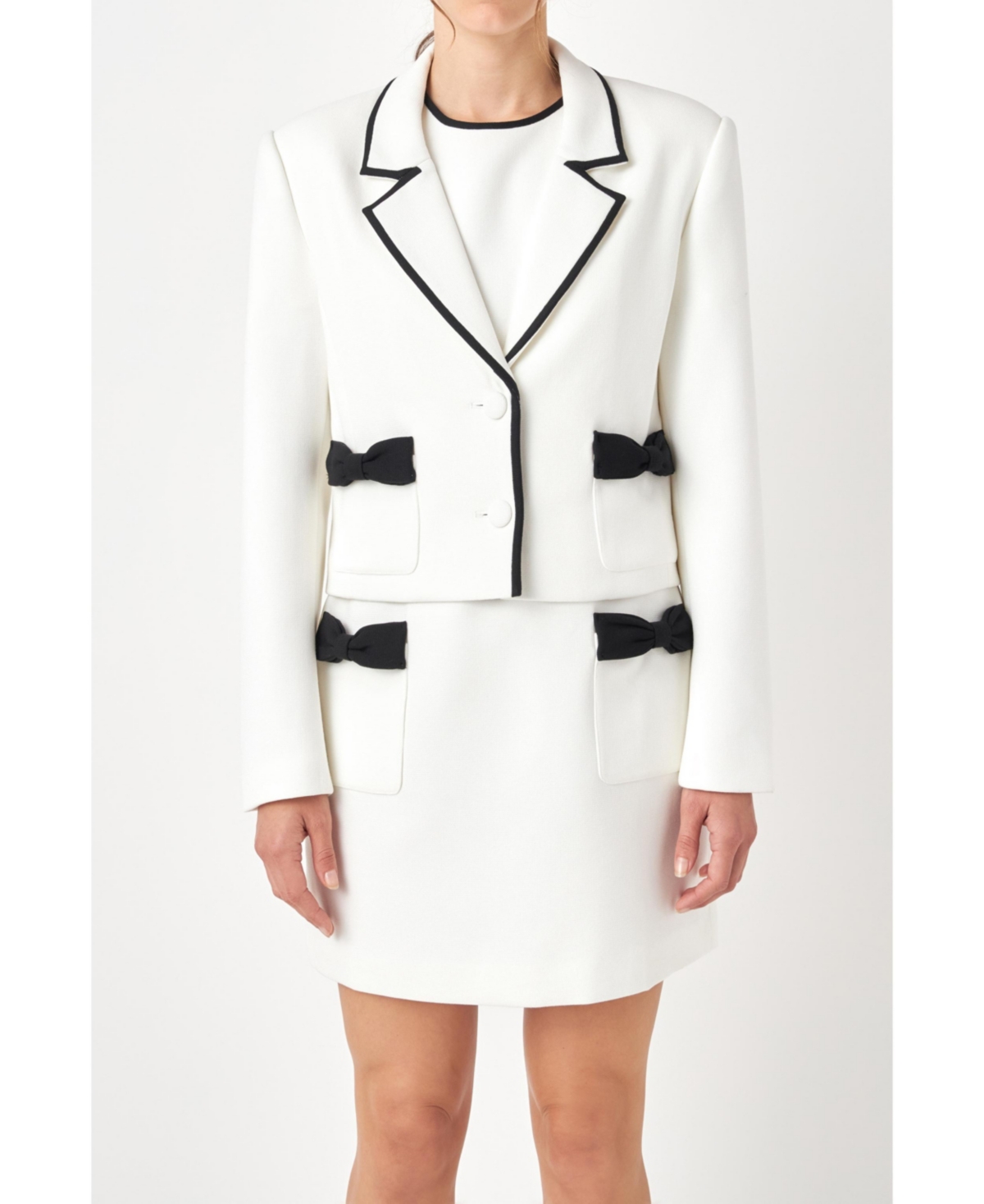 Women's Bow Contrast Tweed Blazer - Ivory/black