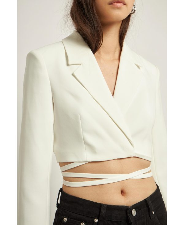 Women's Cropped Blazer with Tie Detail - White