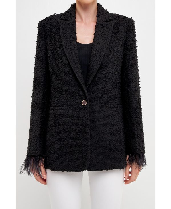 Women's Feather-Trimmed Tweed Blazer - Black